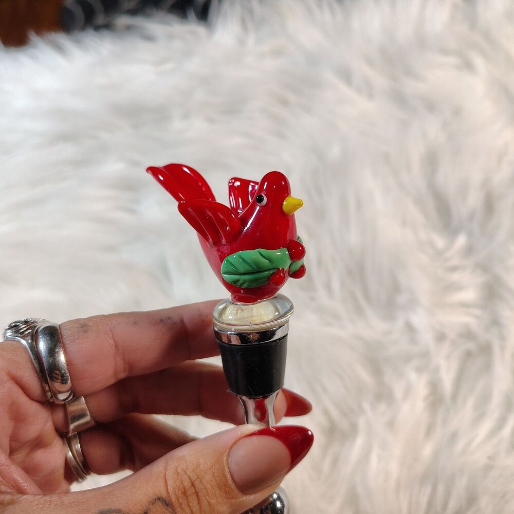 BW Art Glass Wine Bottle Stopper Red Bird Gift Holiday Christmas Decoration